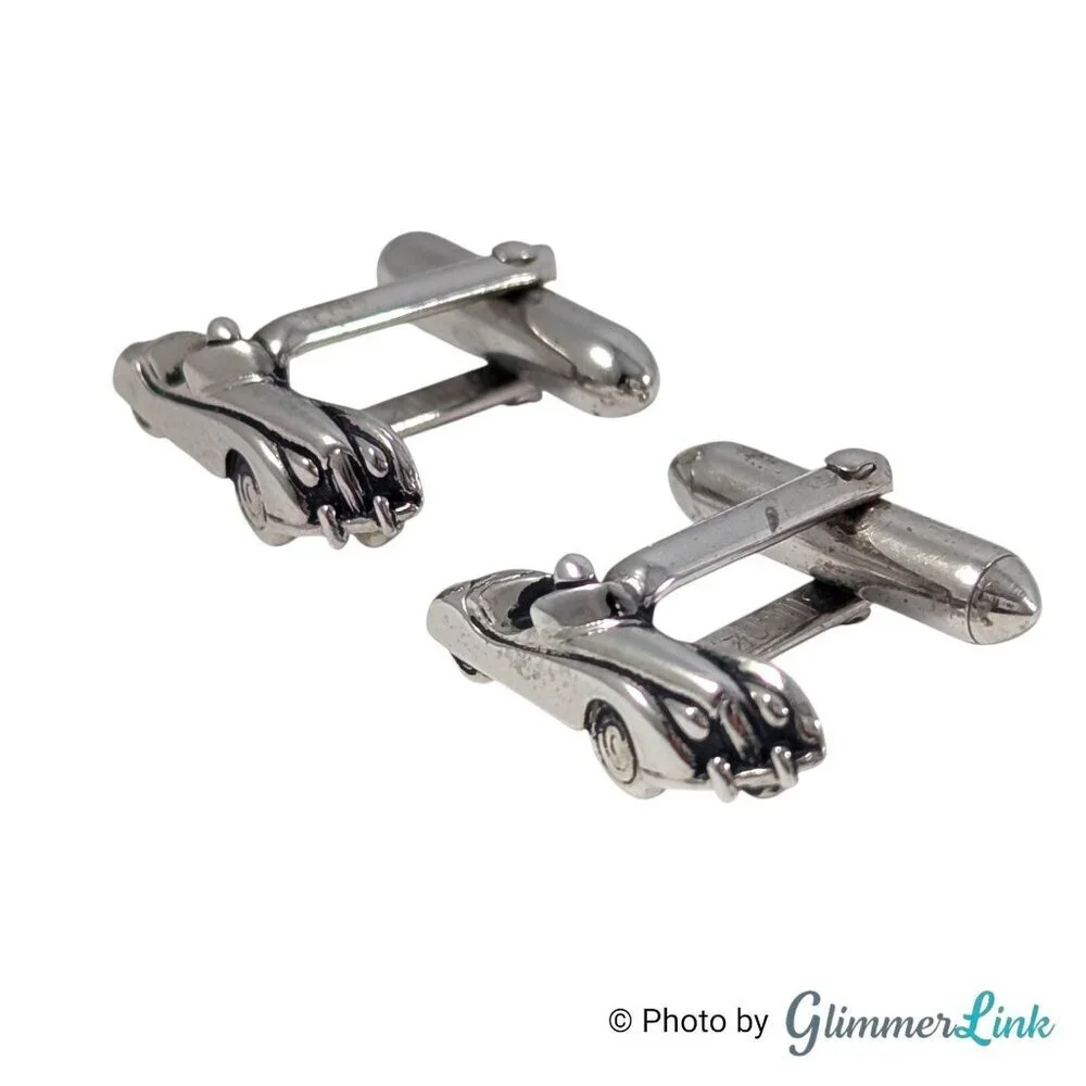 Swank Vintage Silver Tone Car Cufflinks and Tie Bar Set Automobile Design, 1960s